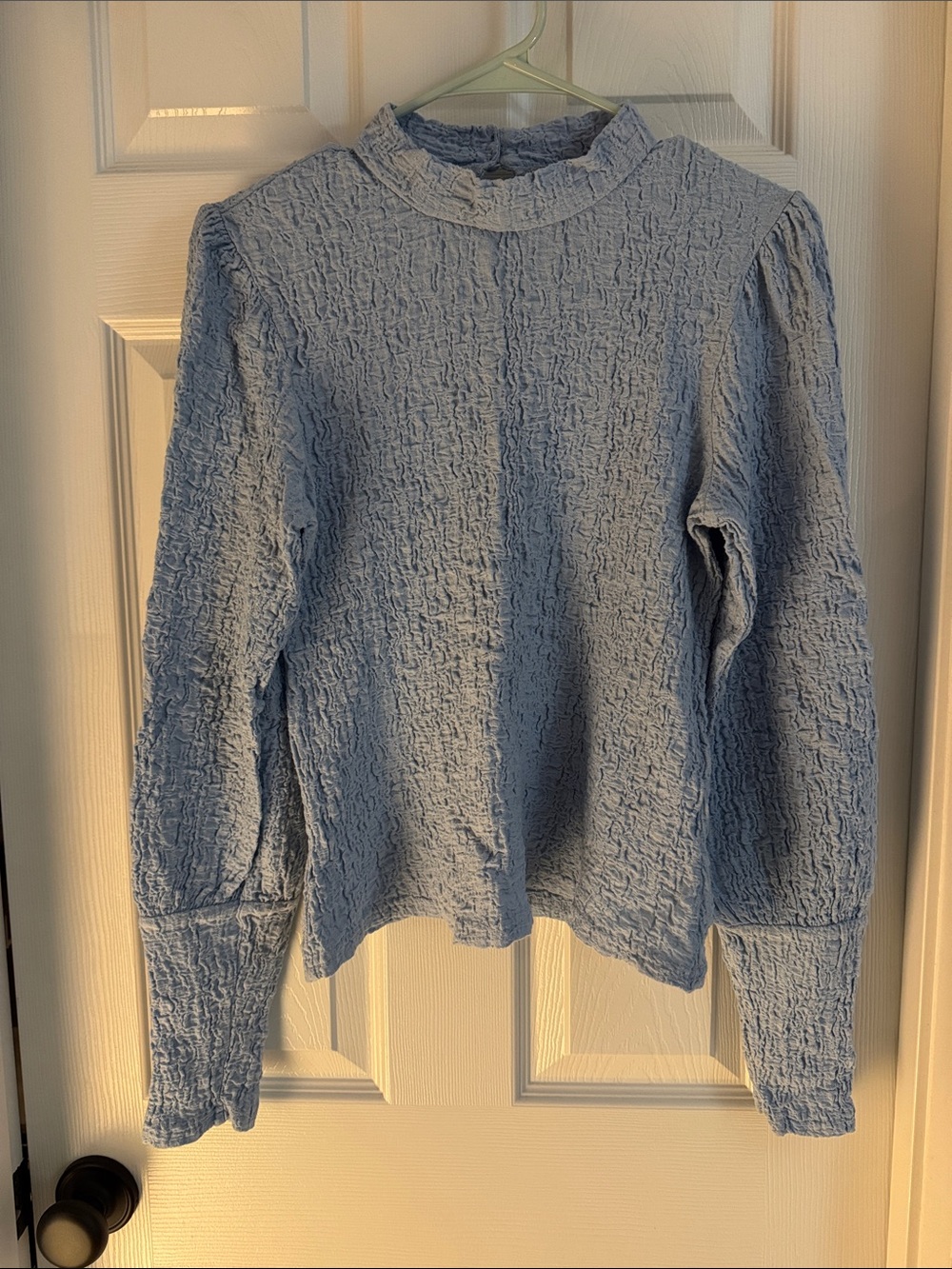 Crinkled Light Blue Long-Sleeve Mock Neck Top